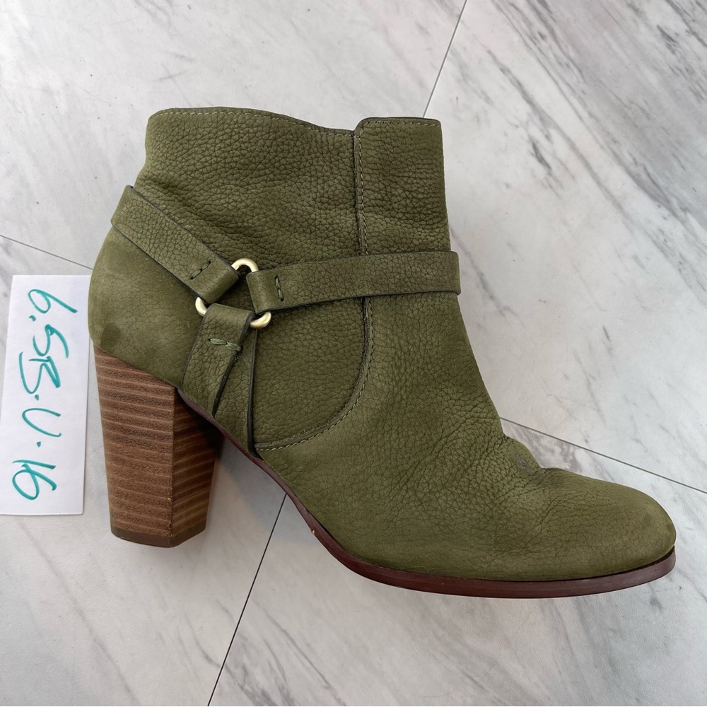 - Cole Haan Grand Os womens 6.5 green leather 3” heels ankle boots zip shoes